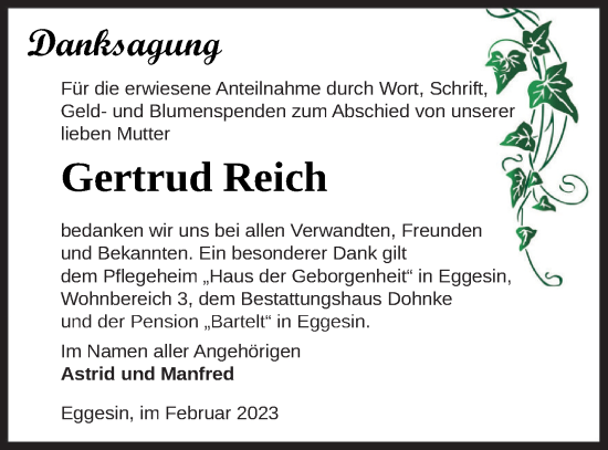 Traueranzeige von Gertrud Reich von Haff-Zeitung