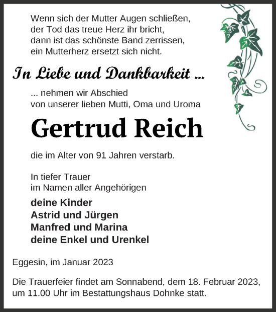 Traueranzeige von Gertrud Reich von Haff-Zeitung