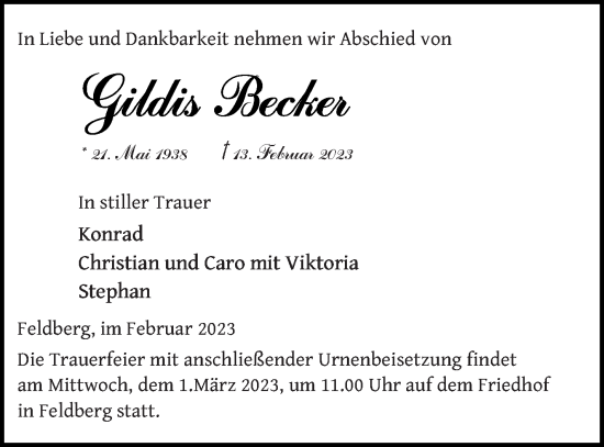 Traueranzeige von Gildis Becker von Strelitzer Zeitung