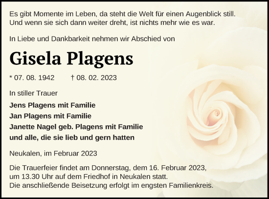 Traueranzeige von Gisela Plagens von Mecklenburger Schweiz