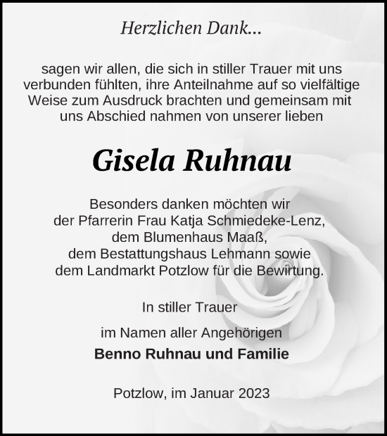 Traueranzeige von Gisela Ruhnau von Prenzlauer Zeitung