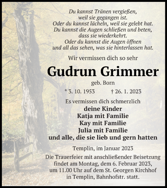 Traueranzeige von Gudrun Grimmer von Templiner Zeitung