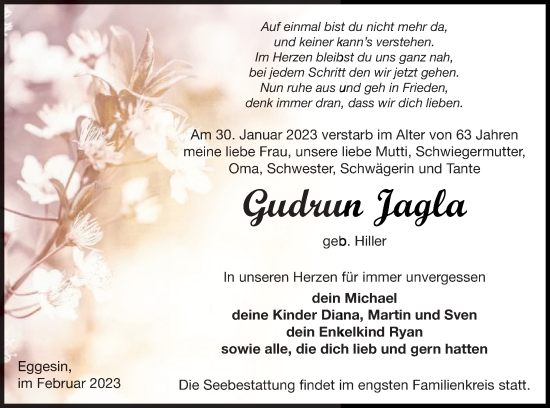 Traueranzeige von Gudrun Jagla von Haff-Zeitung