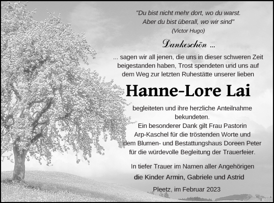 Traueranzeige von Hanne-Lore Lai von Neubrandenburger Zeitung