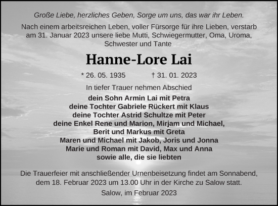 Traueranzeige von Hanne-Lore Lai von Neubrandenburger Zeitung