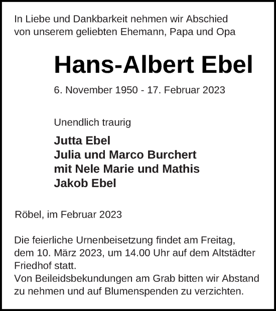 Traueranzeige von Hans-Albert Ebel von Müritz-Zeitung