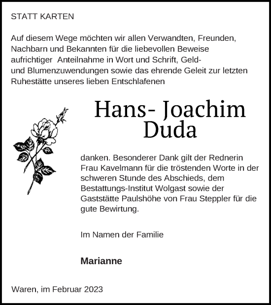 Traueranzeige von Hans-Joachim Duda von Müritz-Zeitung