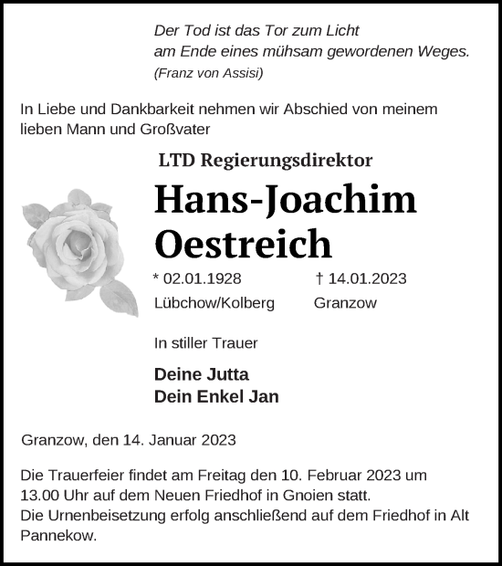 Traueranzeige von HAns-Joachim Oestreich von Mecklenburger Schweiz