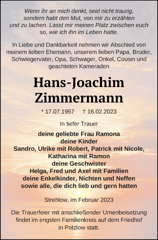 Traueranzeige von Hans-Joachim Zimmermann von Prenzlauer Zeitung