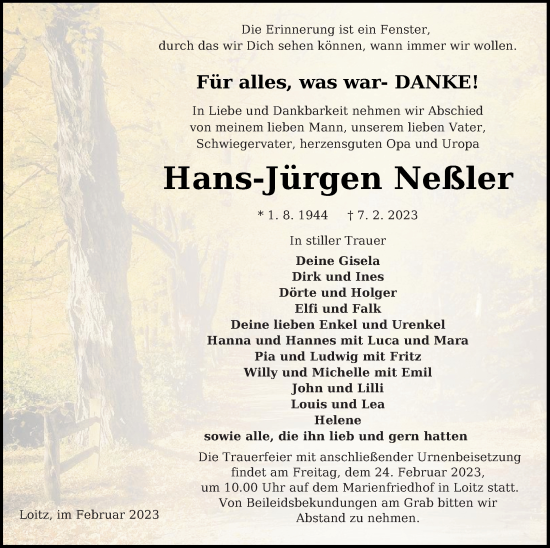 Traueranzeige von Hans-Jürgen Neßler von Vorpommern Kurier