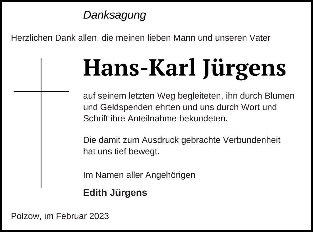  Traueranzeige für Hans-Karl Jürgens vom 18.02.2023 aus Pasewalker Zeitung