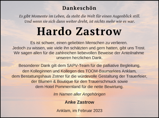 Traueranzeige von Hardo Zastrow von Vorpommern Kurier