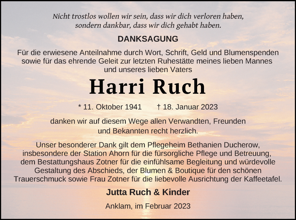  Traueranzeige für Harri Ruch vom 11.02.2023 aus Vorpommern Kurier