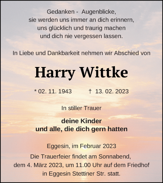 Traueranzeige von Harry Wittke von Haff-Zeitung