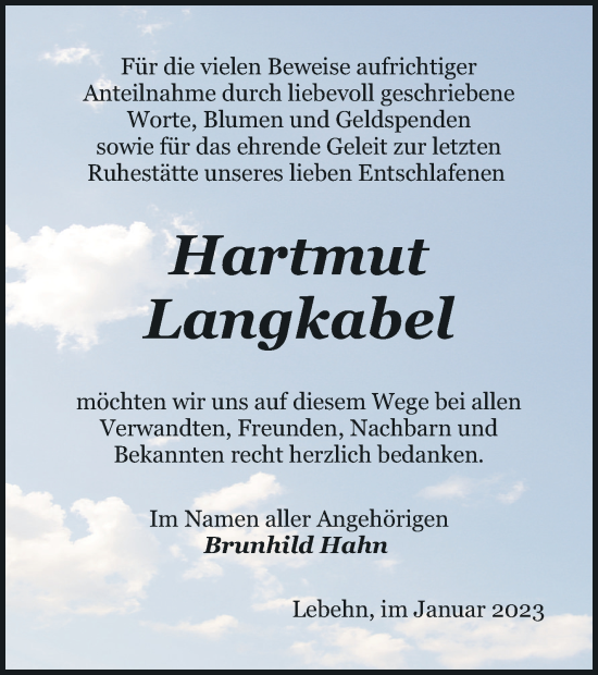 Traueranzeige von Hartmut Langkabel von Pasewalker Zeitung