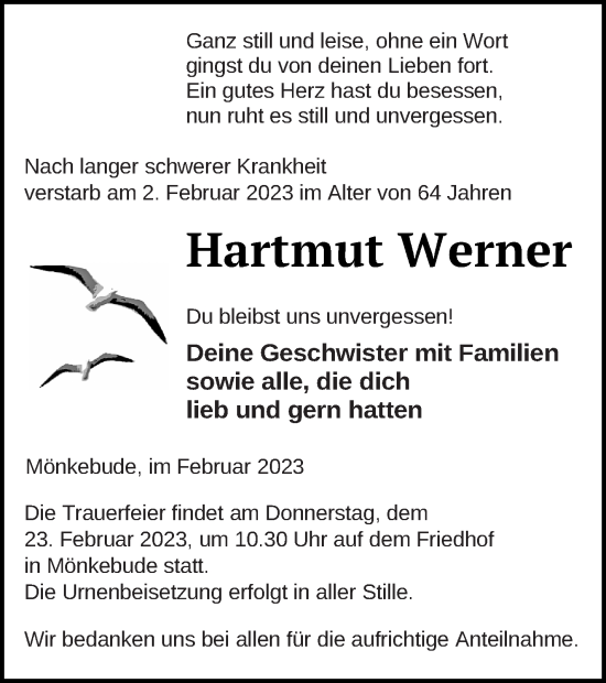 Traueranzeige von Hartmut Werner von Haff-Zeitung