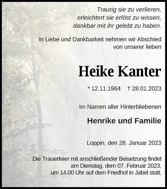 Traueranzeige von Heike Kanter von Müritz-Zeitung