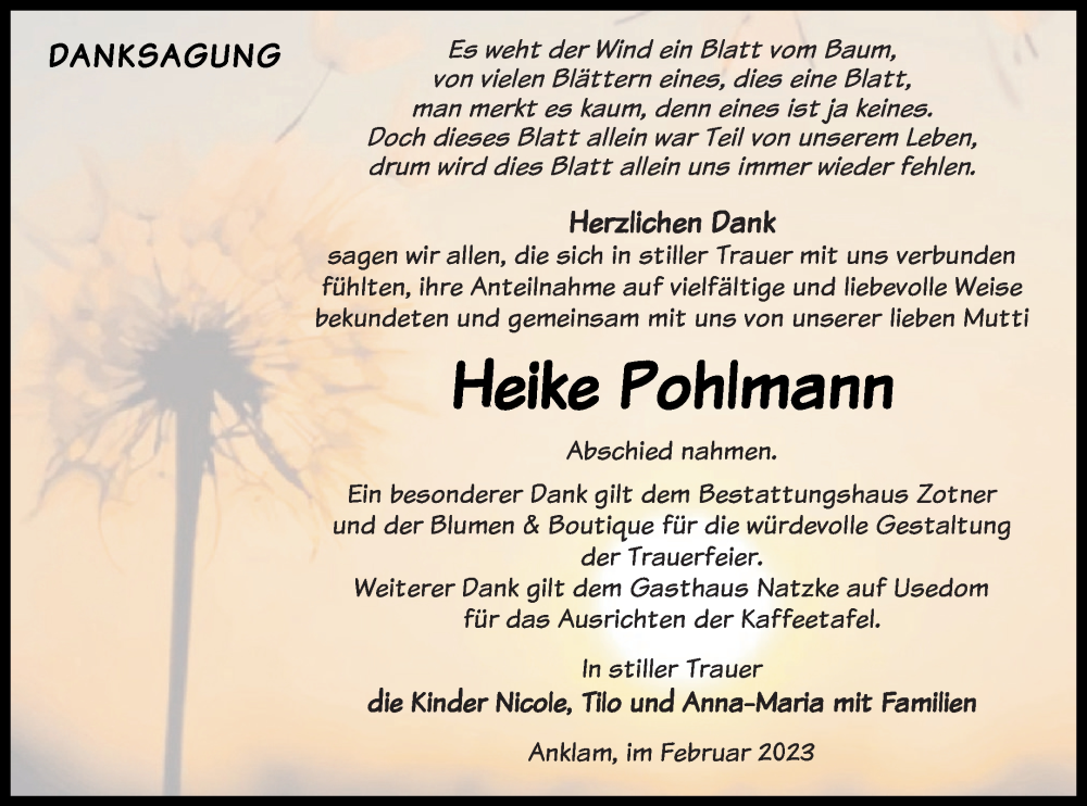  Traueranzeige für Heike Pohlmann vom 22.02.2023 aus Vorpommern Kurier