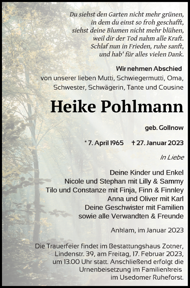  Traueranzeige für Heike Pohlmann vom 04.02.2023 aus Vorpommern Kurier