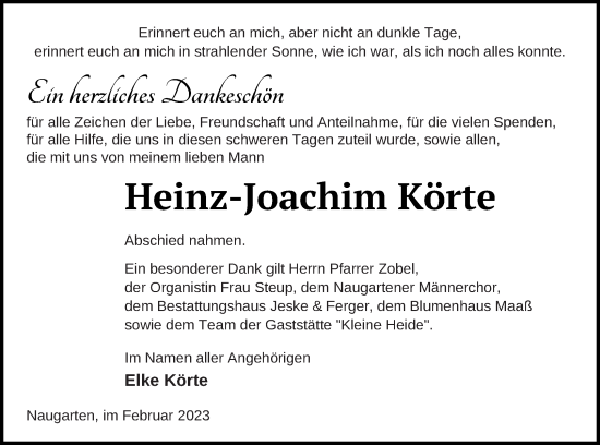 Traueranzeige von Heinz-Joachim Körte von Prenzlauer Zeitung