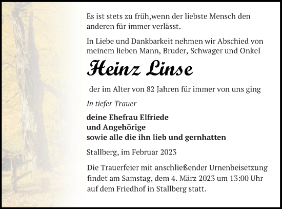 Traueranzeige von Heinz Linse von Haff-Zeitung