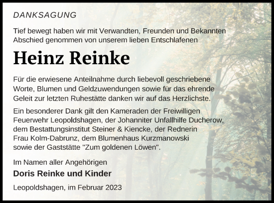 Traueranzeige von Heinz Reinke von Haff-Zeitung