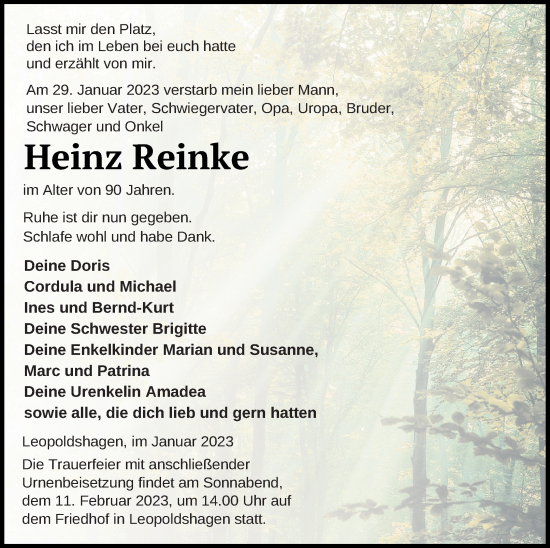 Traueranzeige von Heinz Reinke von Haff-Zeitung