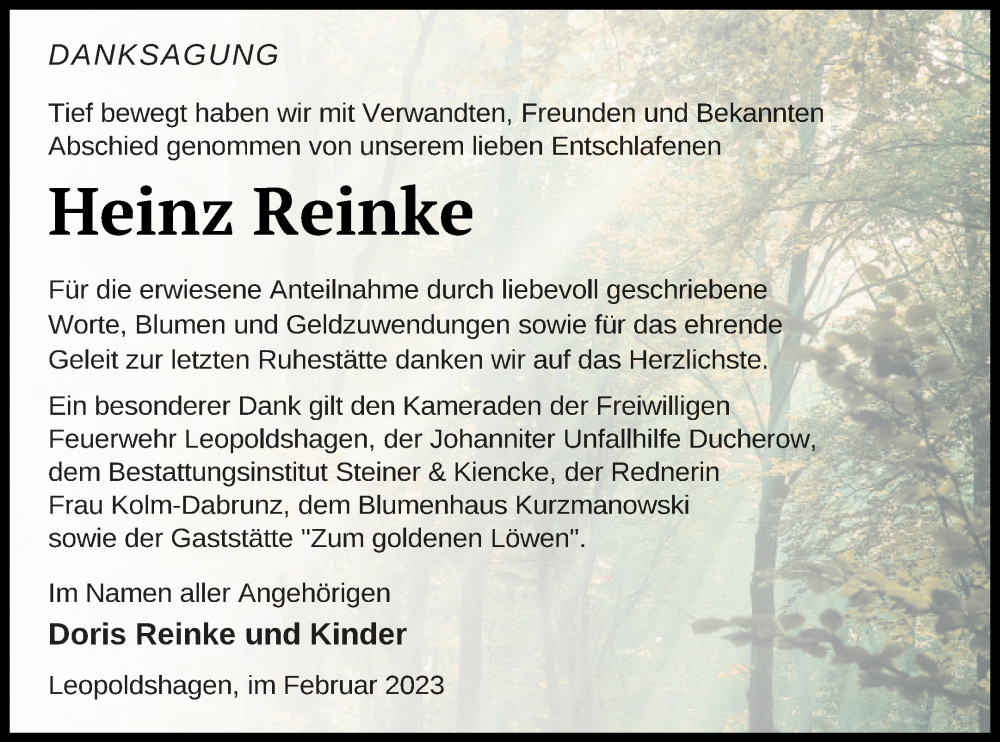  Traueranzeige für Heinz Reinke vom 18.02.2023 aus Haff-Zeitung