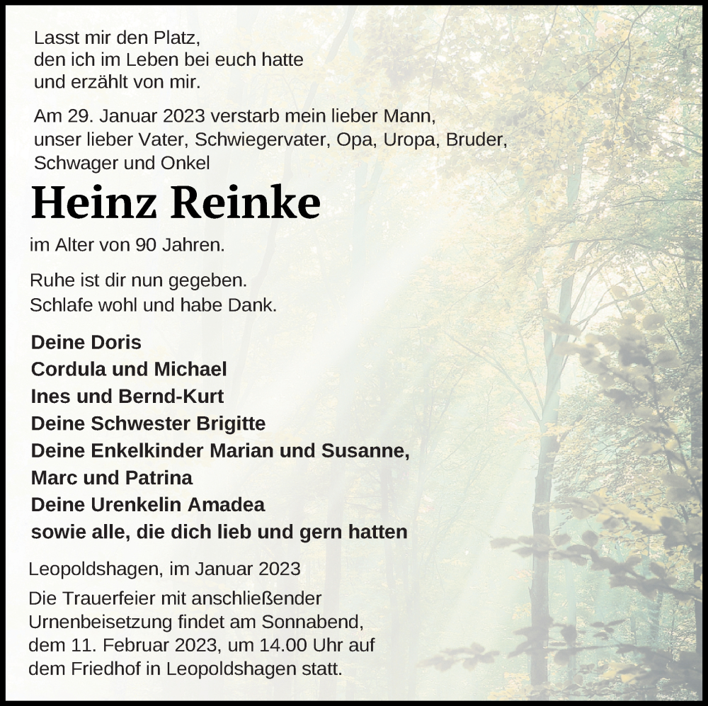  Traueranzeige für Heinz Reinke vom 04.02.2023 aus Haff-Zeitung