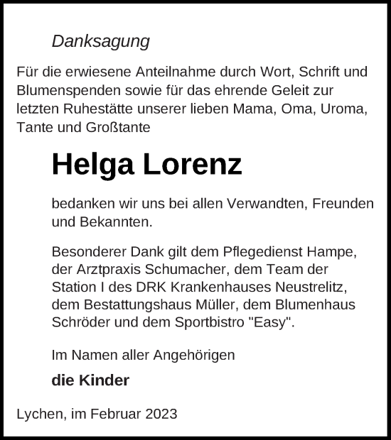 Traueranzeige von Helga Lorenz von Templiner Zeitung