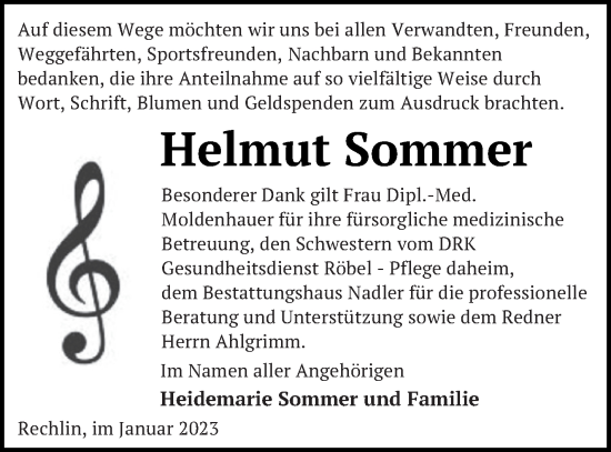 Traueranzeige von Helmut Sommer von Müritz-Zeitung