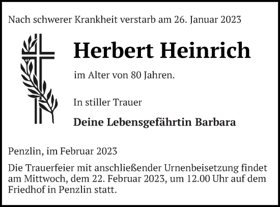 Traueranzeige von Herbert Heinrich von Müritz-Zeitung