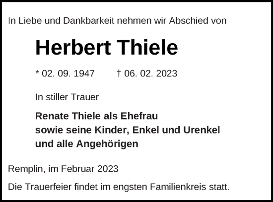 Traueranzeige von Herbert Thiele von Mecklenburger Schweiz