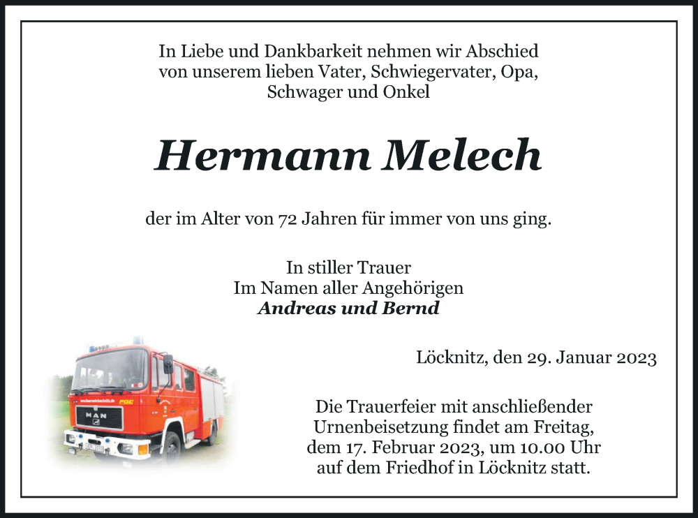  Traueranzeige für Hermann Melech vom 03.02.2023 aus Pasewalker Zeitung