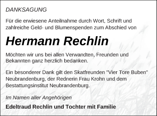 Traueranzeige von Hermann Rechlin von Neubrandenburger Zeitung