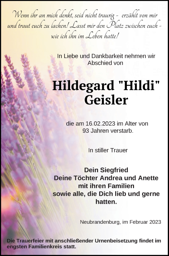Traueranzeige von Hildegard Geisler von Neubrandenburger Zeitung