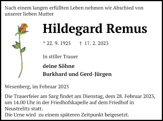 Traueranzeige von Hildegard Remus von Strelitzer Zeitung