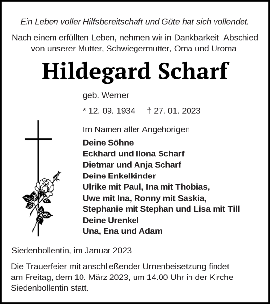 Traueranzeige von Hildegard Scharf von Neubrandenburger Zeitung