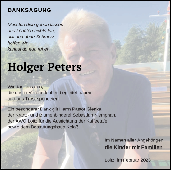 Traueranzeige von Holger Peters von Vorpommern Kurier