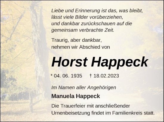 Traueranzeige von Horst Happeck von Pasewalker Zeitung