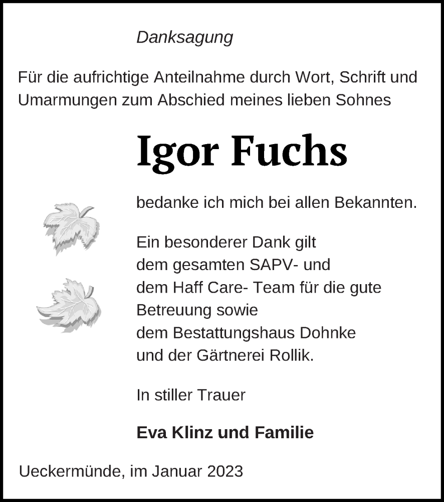  Traueranzeige für Igor Fuchs vom 03.02.2023 aus Haff-Zeitung