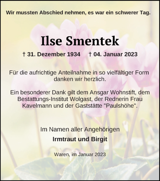 Traueranzeige von Ilse Smentek von Müritz-Zeitung