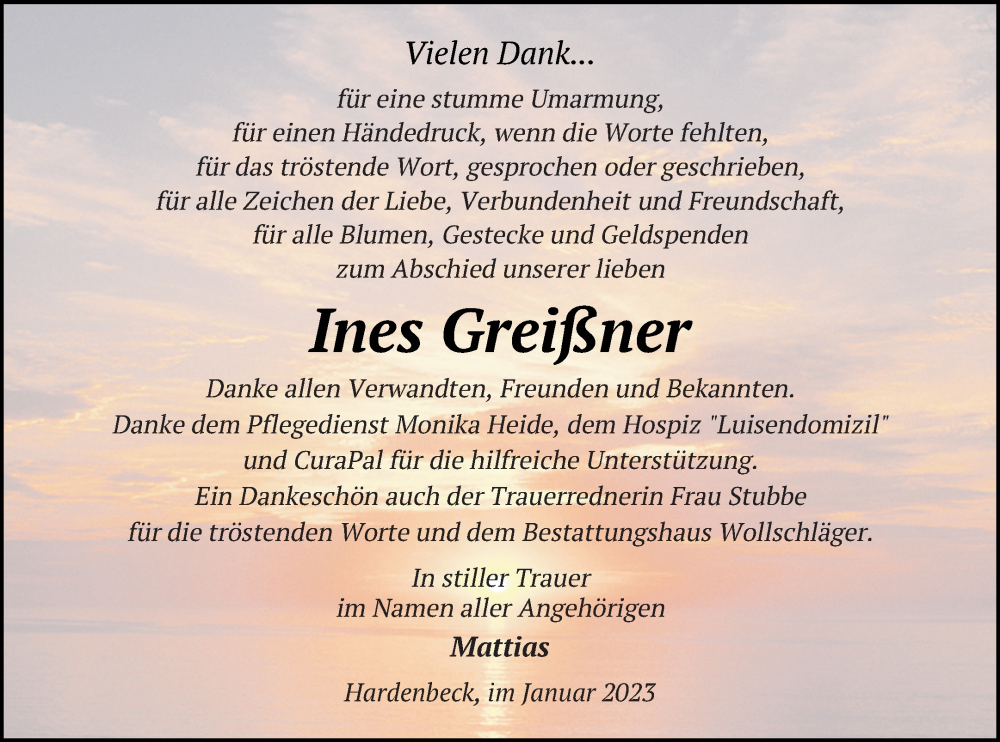  Traueranzeige für Ines Greißner vom 03.02.2023 aus Templiner Zeitung