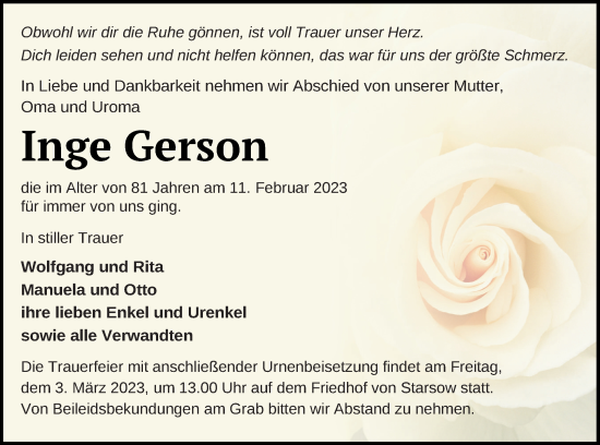 Traueranzeige von Inge Gerson von Müritz-Zeitung