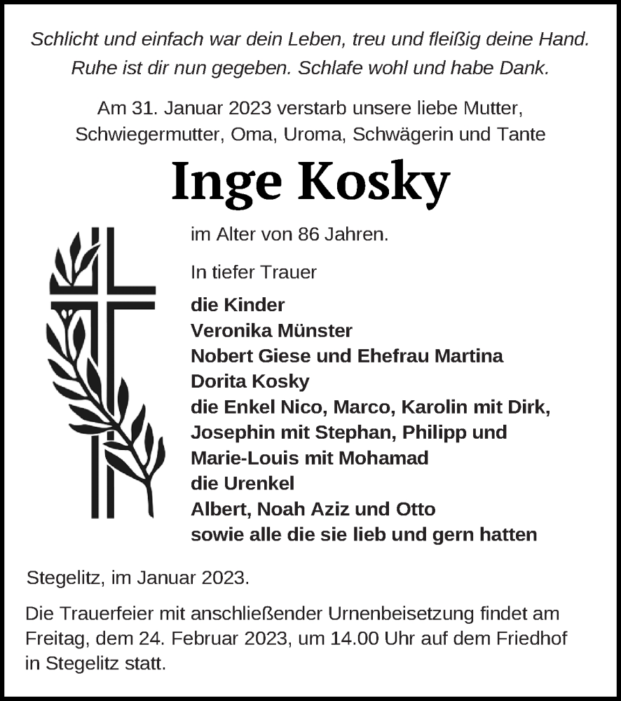  Traueranzeige für Inge Kosky vom 03.02.2023 aus Templiner Zeitung
