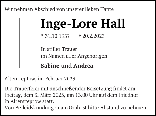 Traueranzeige von Inge-Lore Hall von Neubrandenburger Zeitung