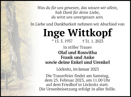 Traueranzeige von Inge Wittkopf von Pasewalker Zeitung