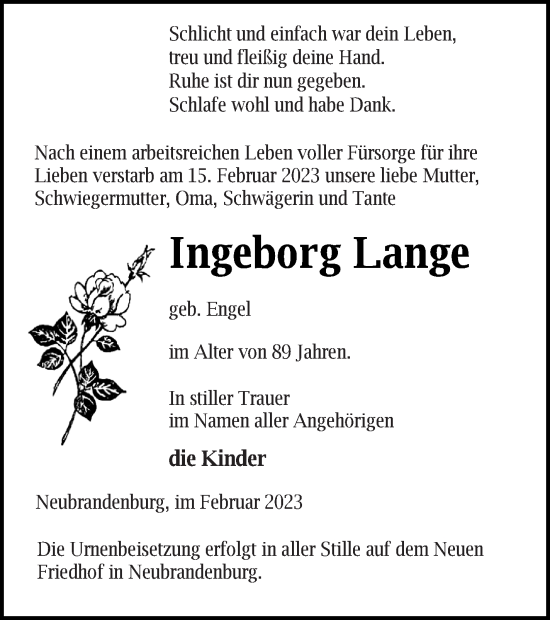 Traueranzeige von Ingeborg Lange von Neubrandenburger Zeitung