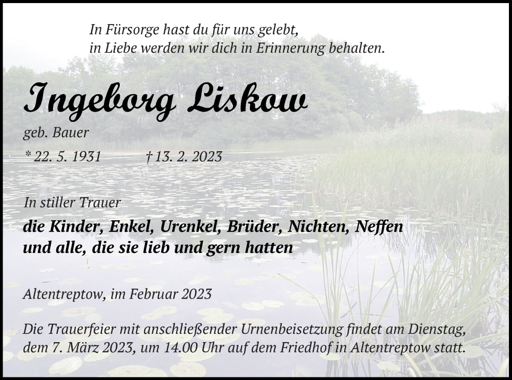  Traueranzeige für Ingeborg Liskow vom 17.02.2023 aus Neubrandenburger Zeitung