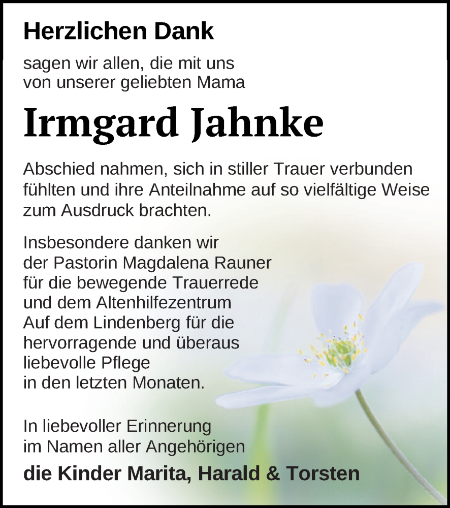  Traueranzeige für Irmgard Jahnke vom 18.02.2023 aus Neubrandenburger Zeitung